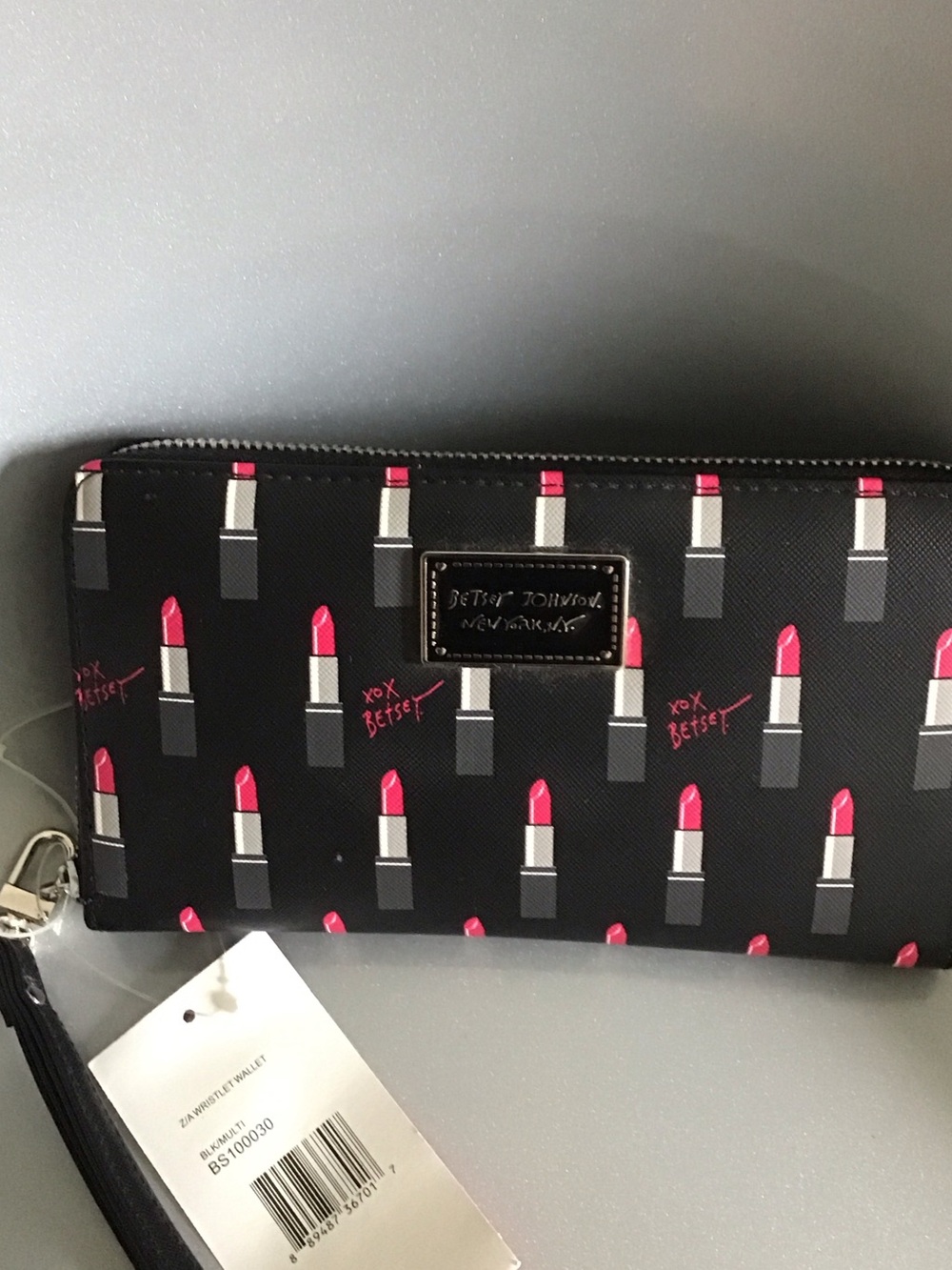 Betsey Johnson Black Wristlet with Pink Lipstick Print